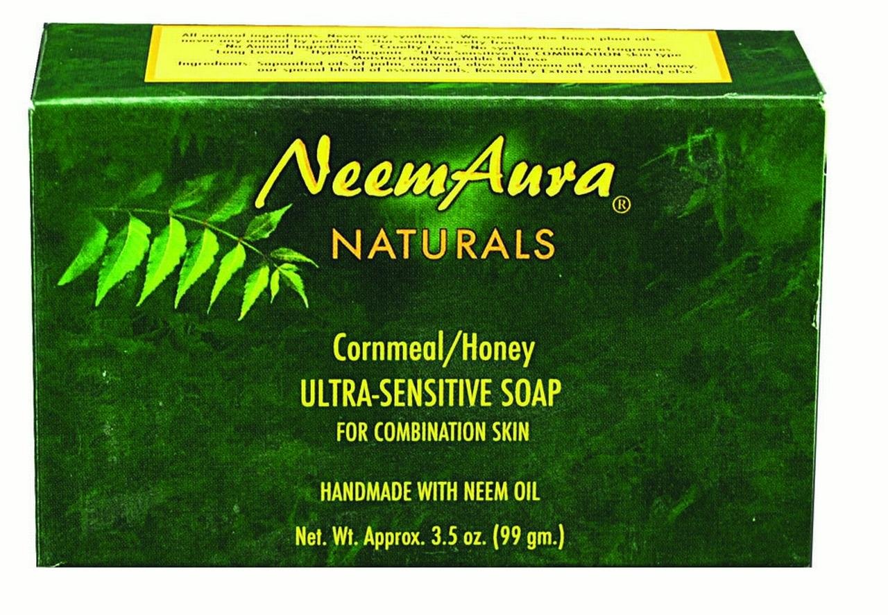 Neem Aura Ultra Sensitive Soap with Cornmeal & Honey - 3.5 oz | Gentle Cleansing Bar for Dry, Sensitive Skin | Perfect for Daily Face & Body Wash, Eczema & Acne Relief