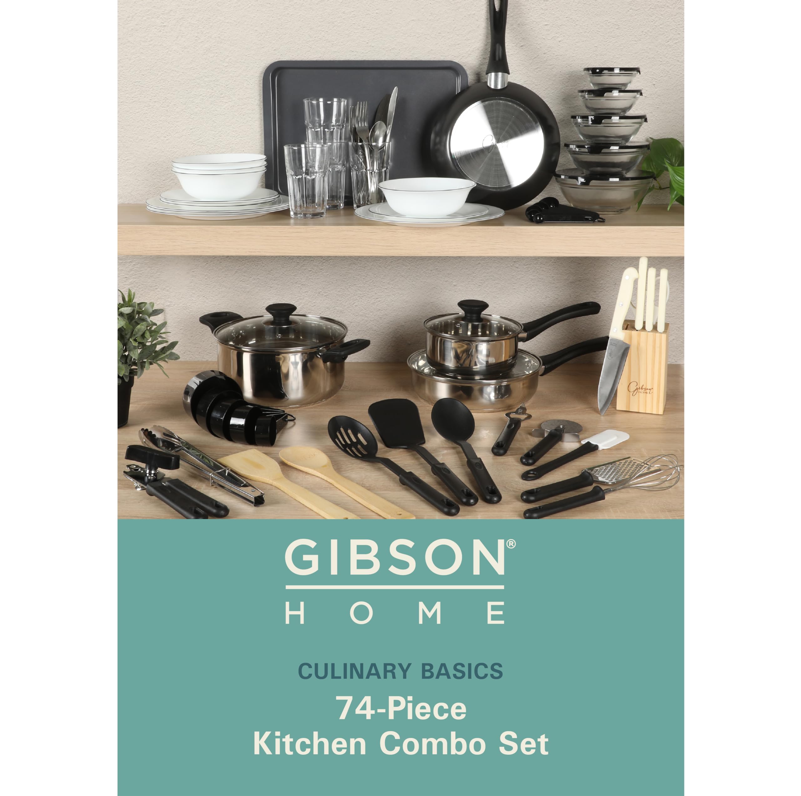 Gibson Home 74-Piece Complete Kitchen Set - Pots & Pans Cookware, Dinner Plates & Bowls, Knife Block with Cutlery, Flatware Utensils, Kitchen Tools & Gadgets, Storage Containers, Drinking Glasses - Perfect for Small Apartments, College Dorms & Starter Homes