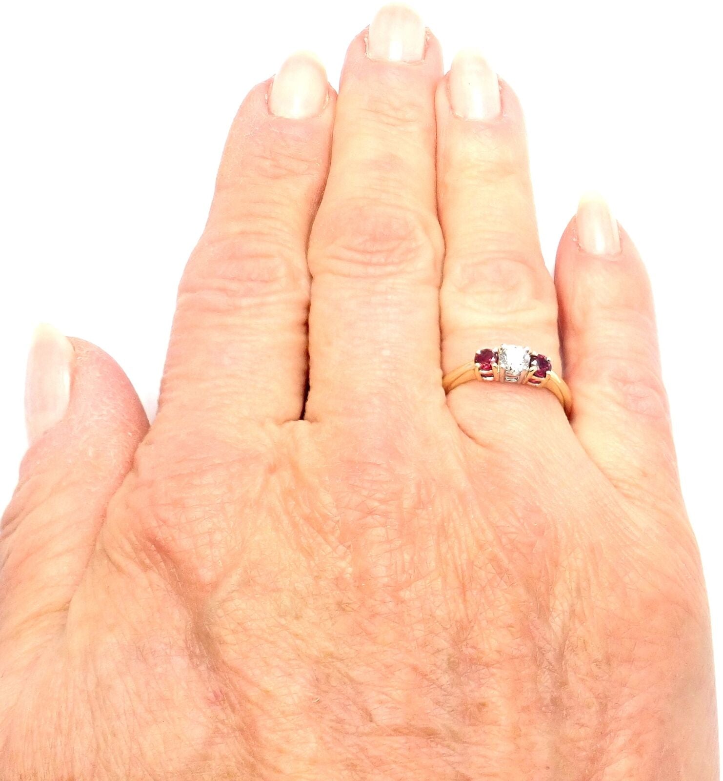 Authentic Tiffany & Co 18k Gold Platinum Three Stone Diamond Ruby Band Ring for Women - Elegant Wedding, Engagement & Anniversary Jewelry Gift