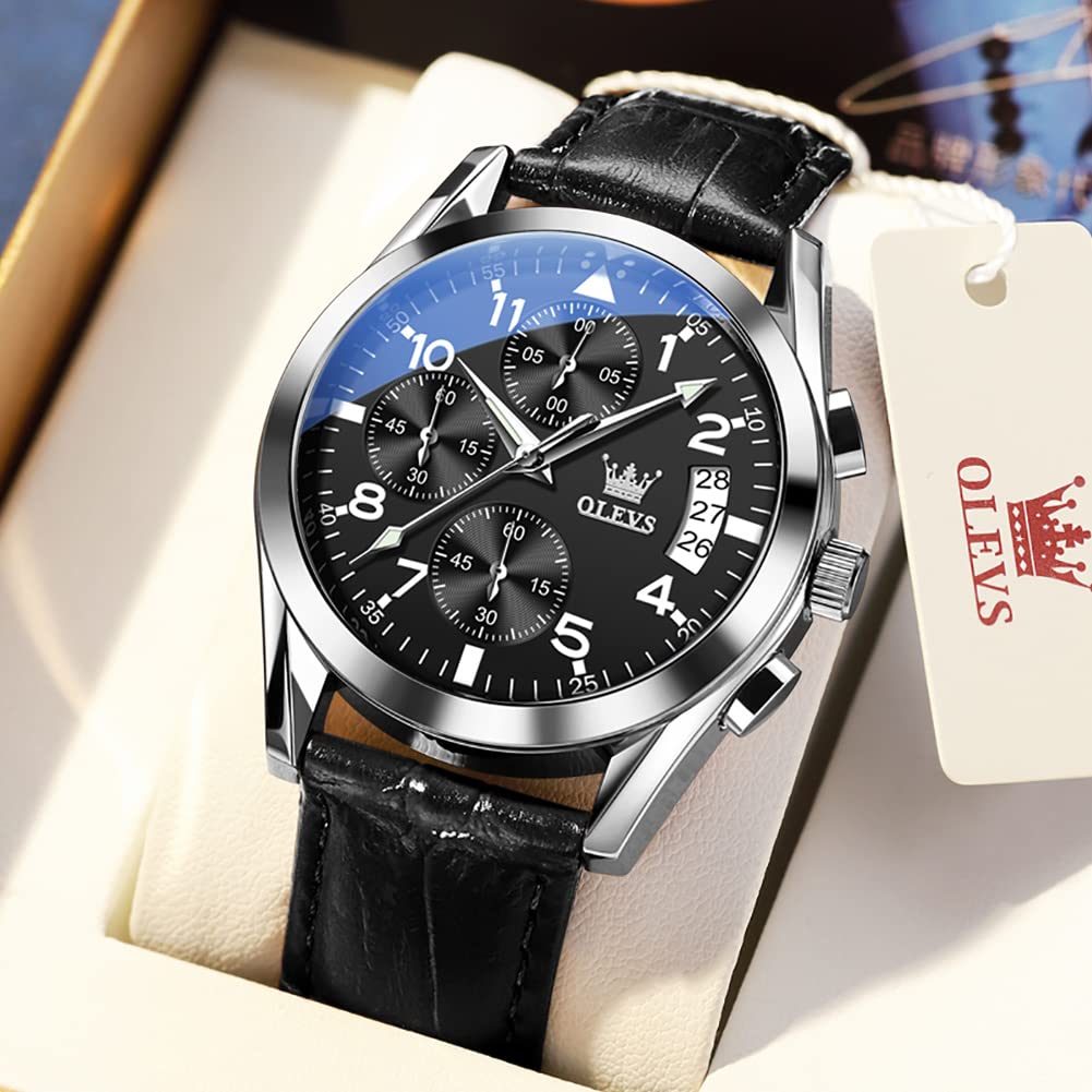 OLEVS Men's Chronograph Quartz Watch - Gold Stainless Steel Case, Leather Strap, Waterproof, Luminous Hands, Day Date Function - Brown/Black/Blue/White Dial - Perfect for Business, Casual & Outdoor Activities