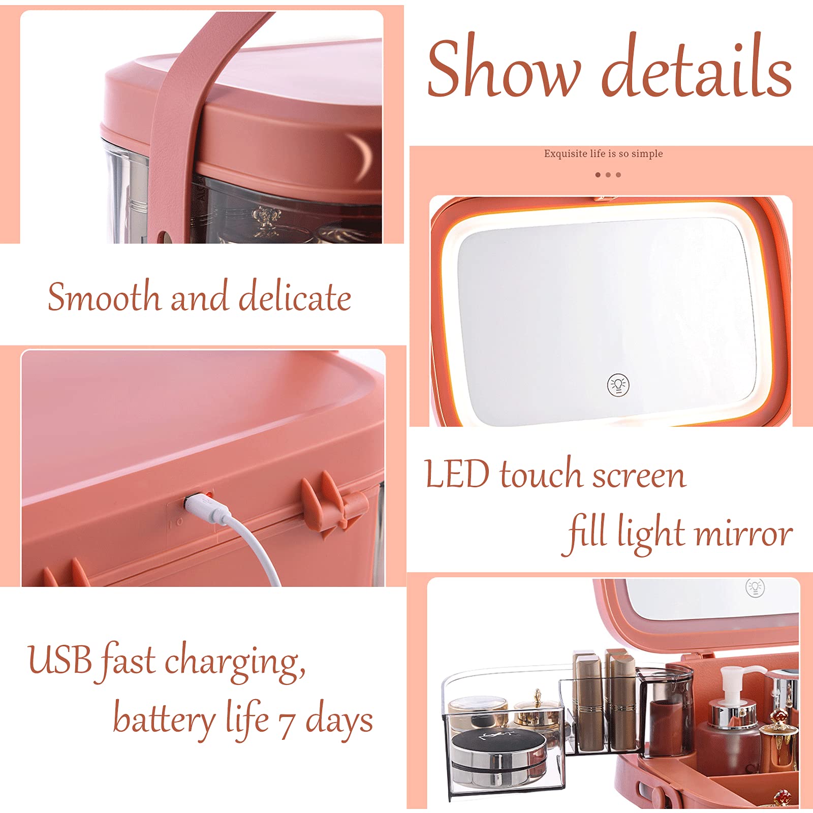 NA Makeup Organizer with LED Light Mirror - Dustproof Waterproof Cosmetic Storage Box | Travel Makeup Case & Vanity Organizer for Home, Salon, and On-the-Go Beauty Essentials