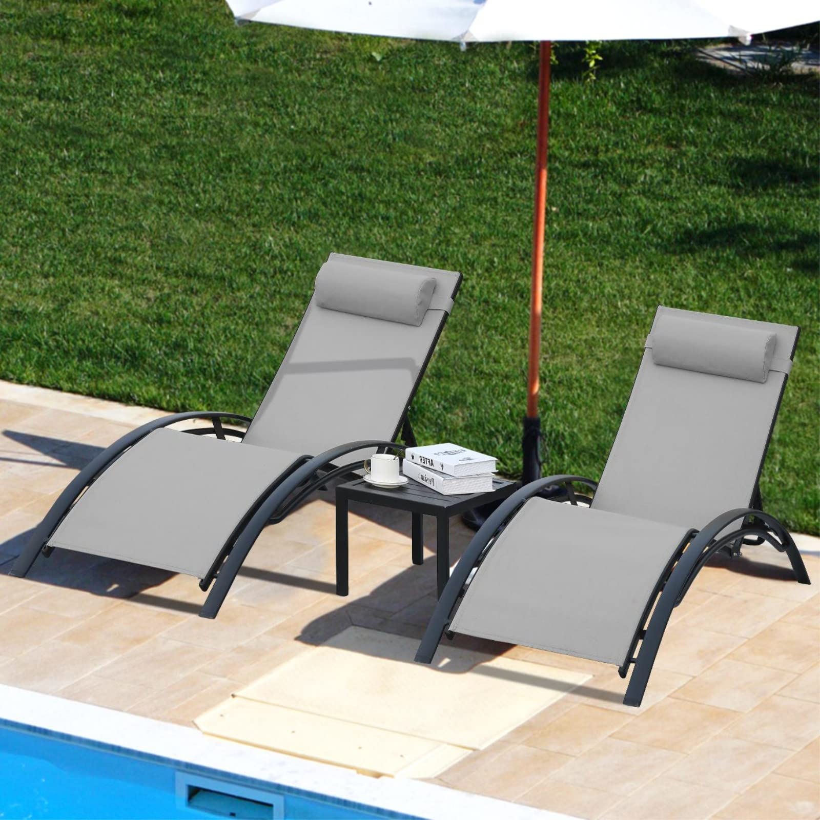 **AthLike 3-Piece Pool Chair Set with Headrest – 5-Level Adjustable Patio Chaise Lounge for Sunbathing & Tanning – Includes Side Table for Outdoor, Beach, Poolside (Grey) – Perfect for Relaxing by the Pool or Beach**
