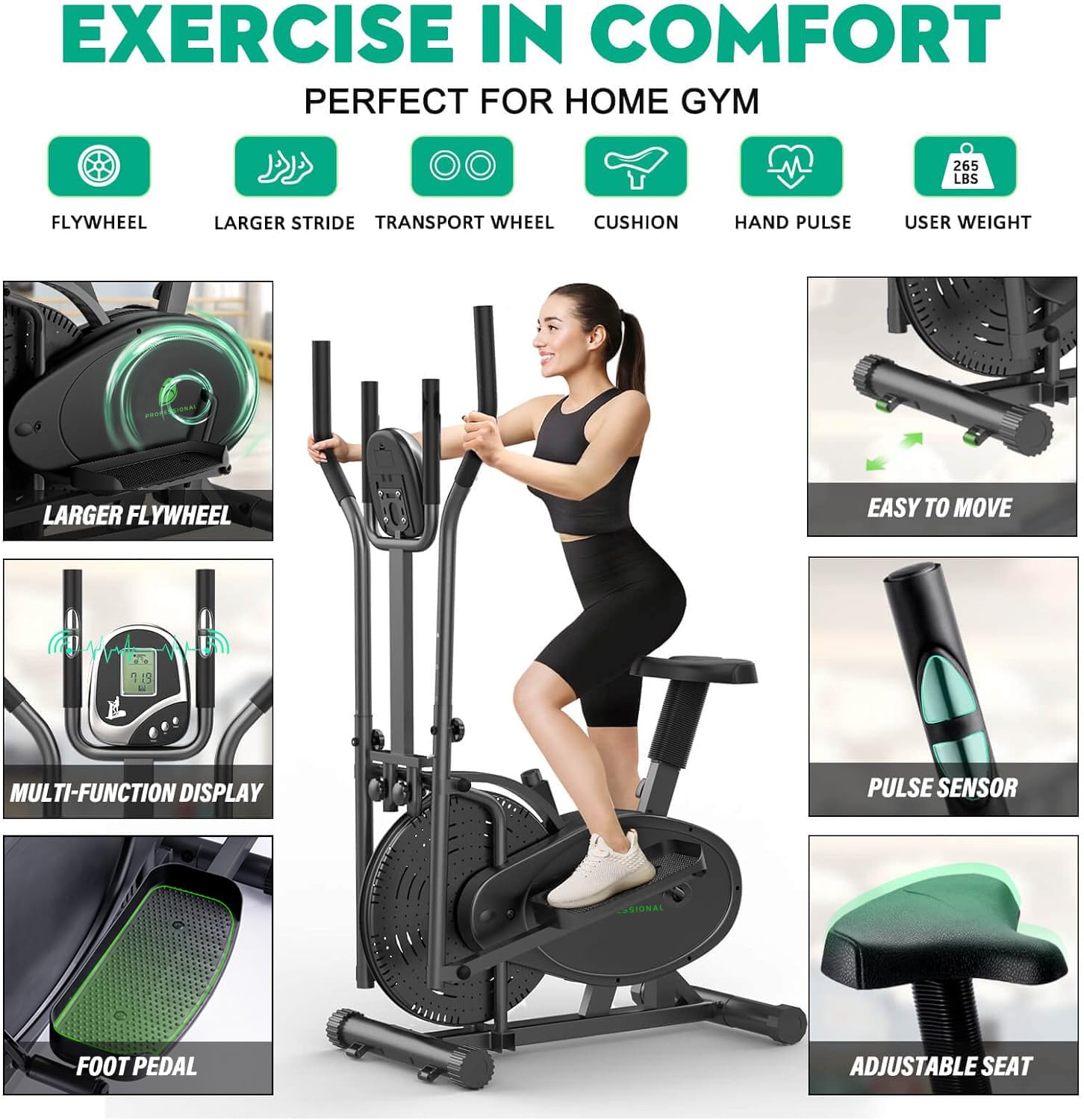 Ellittiche 2 IN 1 Elliptical Bike & Cross Trainer for Home - Neezee Fitness Equipment with Adjustable Seat, Smart LCD Monitor, Full Body Workout Machine Supports Up to 120kg (Black) - Perfect for Home Gym, Cardio Training & Weight Loss