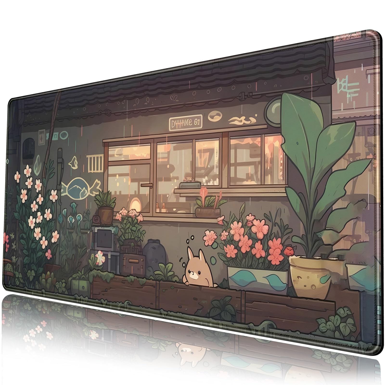 Japanese Anime Kawaii Cat & Green Plants XXL Gaming Mouse Pad - 31.5''x15.7'' Extended Desk Mat for PC, Keyboard & Office Decor | Cute Large Mousepad for Gamers, Anime Fans & Workspace Setup