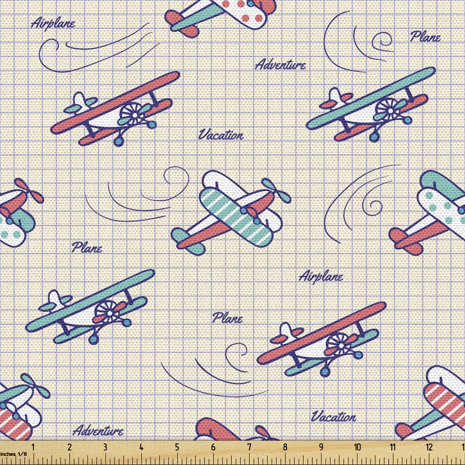 Ambesonne Vintage Airplane Fabric by The Yard - Colorful Aircraft Pattern on Notebook Background for Adventure & Exploration Theme | Decorative Upholstery Fabric for Sofa, Curtains, Pillows & Home Decor | 10 Yards Blue Purple | Perfect for DIY Crafts, Quilting & Home Accents