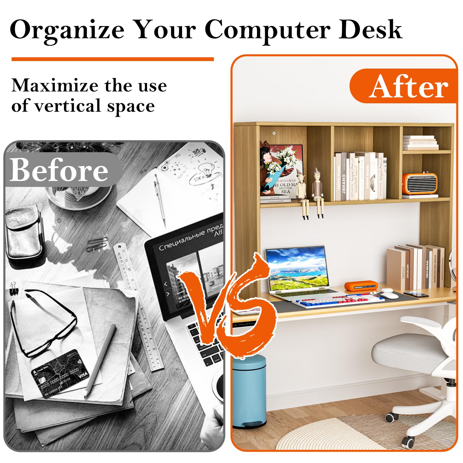 2-Tier 4-Shelf Desk Hutch Organizer - Wooden Desktop Bookshelf for Computer Desk, Office & Home - Perfect for Dorm Rooms, Workspaces & Small Spaces Storage Solutions
