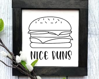 Funny Hamburger Wooden Sign - Nice Buns Kitchen Decor for Home & Dining Room - Rustic Wood Wall Art for Restaurant, Cafe, or Burger Lover Gift