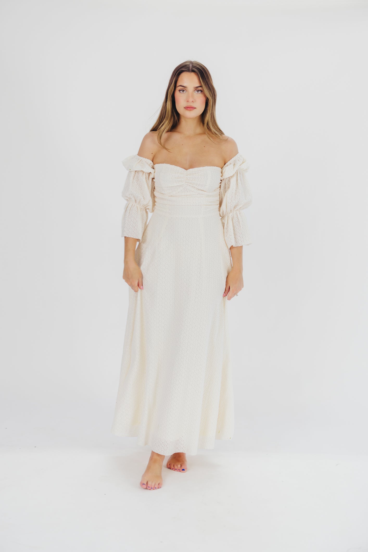 Corrine Tiered Sleeve Maxi Dress with Pockets - Ivory Cream Maternity Dress for Pregnancy | Perfect for Baby Showers, Beach Vacations & Summer Weddings