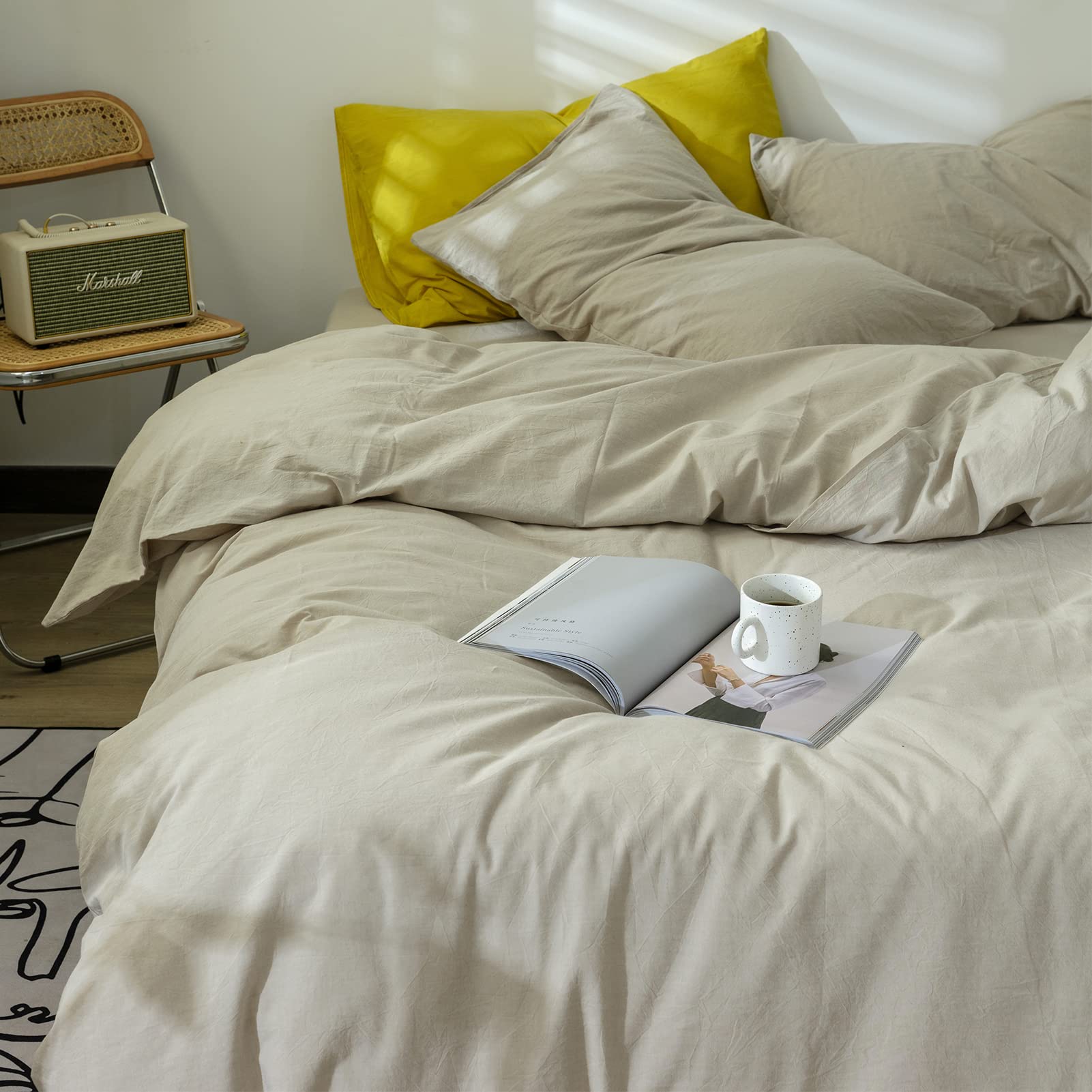 Premium Washed Cotton Beige Duvet Cover Queen Size - 3 Piece All Season Bedding Set with 2 Pillowcases (90