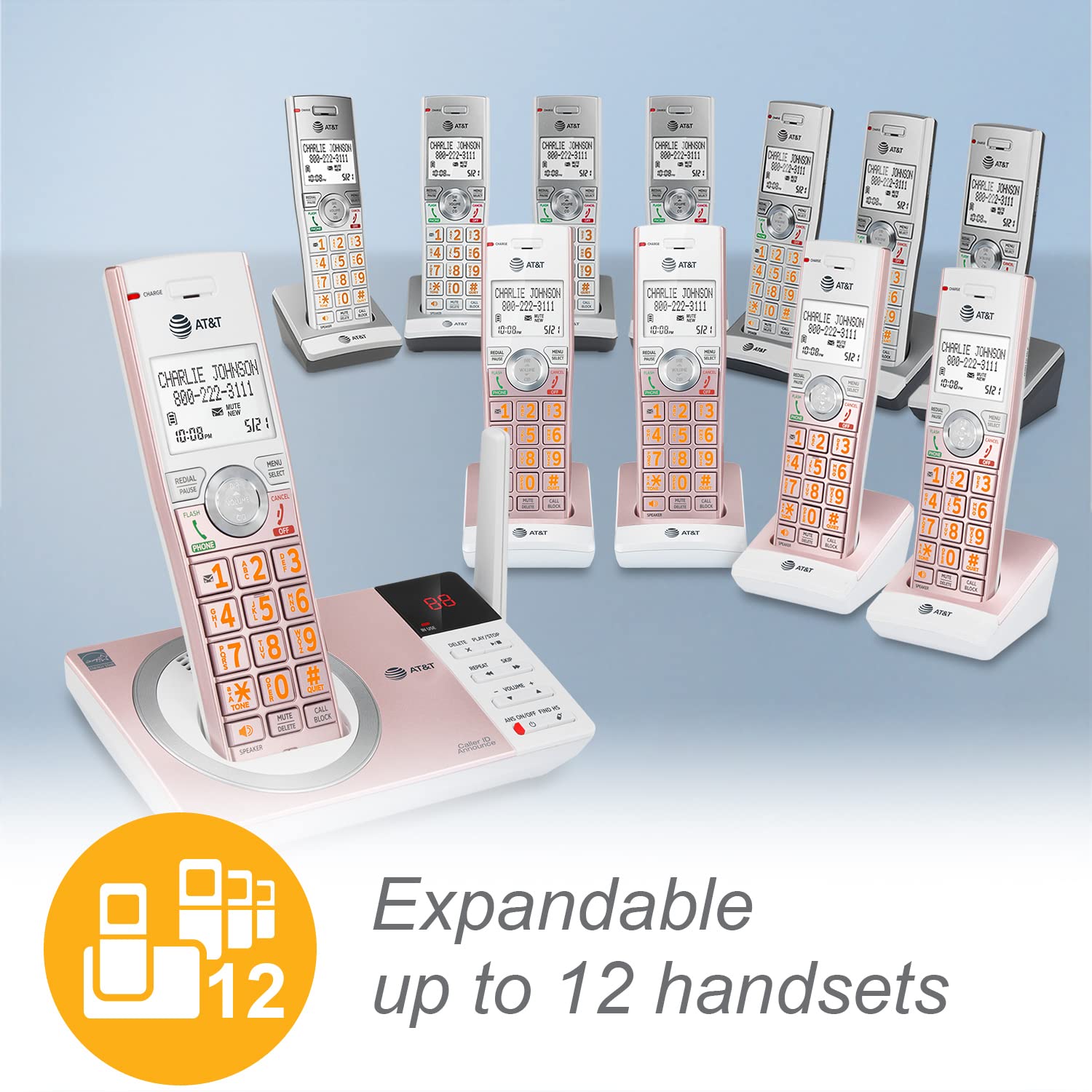 AT&T CL82557 DECT 6.0 Cordless Phone with 5 Handsets - Home Office Telephone with Answering Machine, Call Blocking, Caller ID, Intercom & Long Range - Rose Gold for Home, Office & Business Use