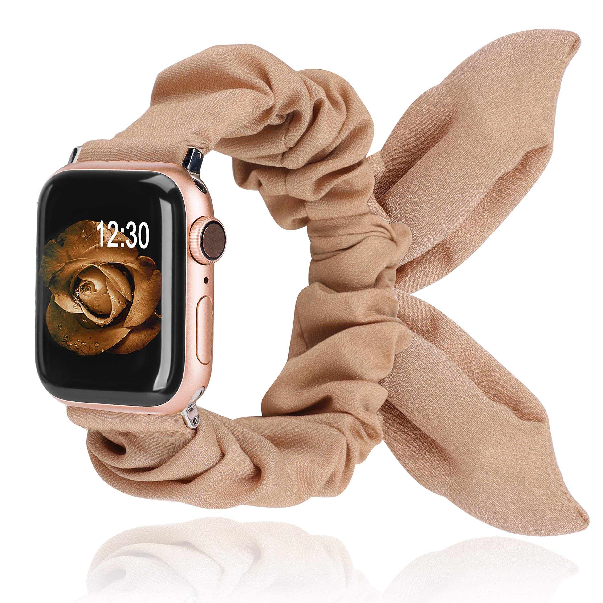 TOYOUTHS Apple Watch Bands for Women - Soft Fabric Scrunchy Bracelet with Butterfly Bow & Bunny Ears - Compatible with iWatch Series 1/2/3/4/5/6/7/8/SE & Ultra (49/45/44/42mm) - Beige S/M - Perfect for Workouts, Office & Casual Wear