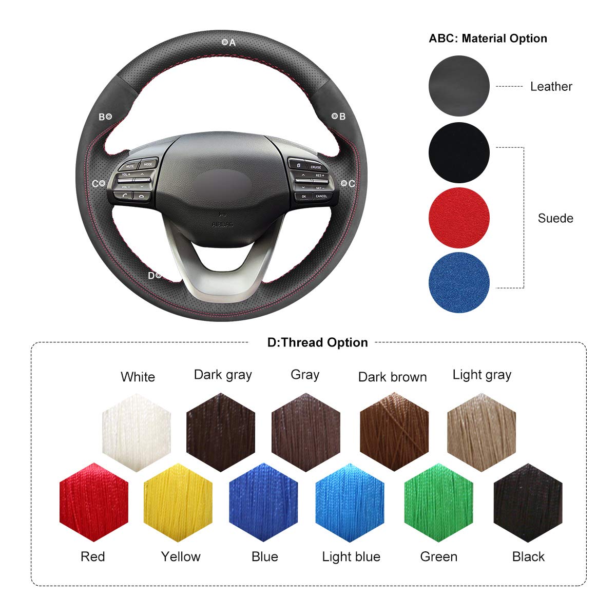 Premium Hand-Stitched Genuine Leather & Suede Steering Wheel Cover for Hyundai Kona 2018-2020 - Custom Fit, Non-Slip Grip, Enhanced Comfort for Daily Commute & Road Trips