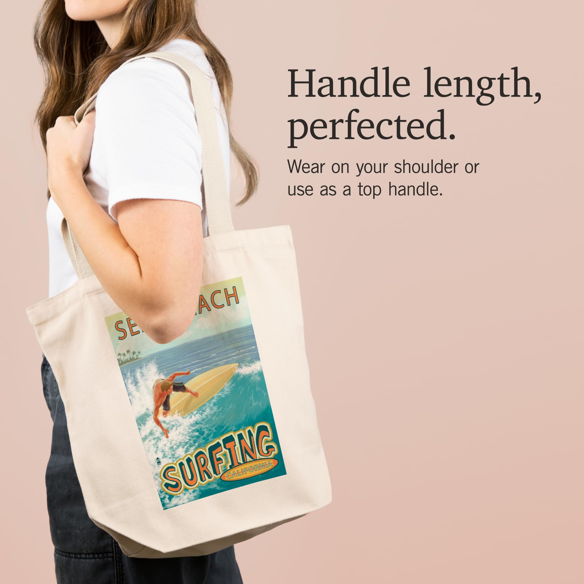 Lantern Press Seal Beach California Surfer Tropical Tote Bag - 100% Cotton Canvas Reusable Shopping Bag for Beach, Grocery & Daily Use