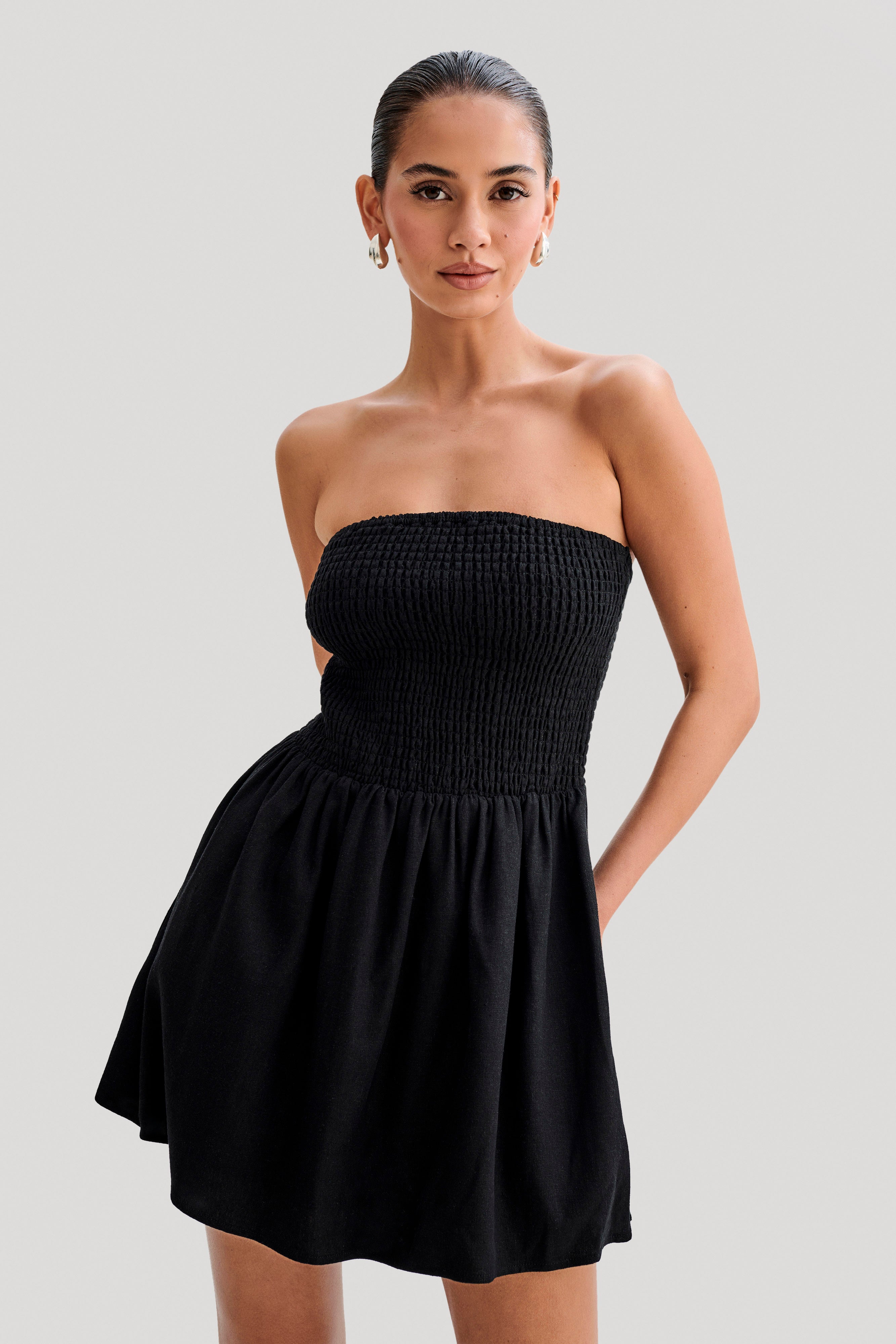 Holland Linen Shirring Mini Dress for Women - Black Summer Casual Dress for Beach, Party & Date Night