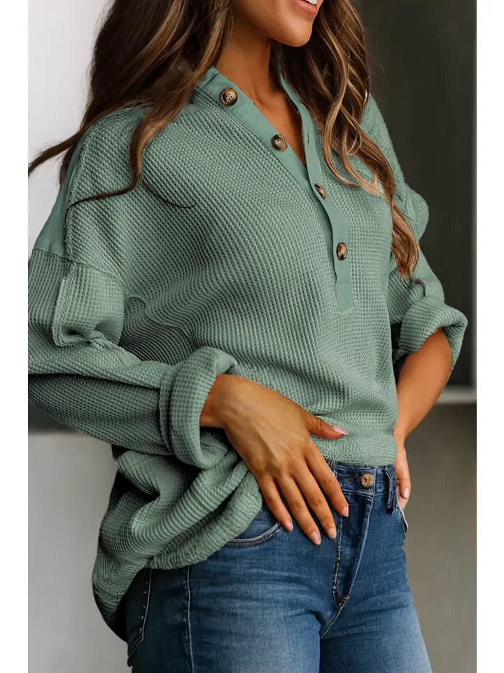 Women's Long Sleeve Waffle Knit Button Down Shirt with Side Pockets - Casual Fall Outfit for Work & Weekend Wear