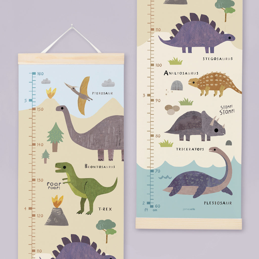 Personalized Dinosaur-Themed Canvas Height Chart with Wooden Hangers - Perfect for Kids' Room Decor & Growth Tracking