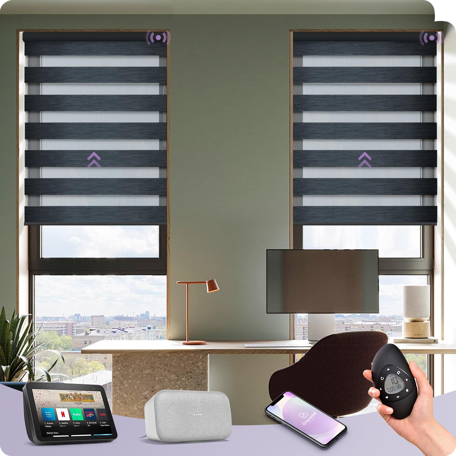 Graywind Motorized Zebra Blinds - 100% Blackout & Light Filtering Smart Window Shades | Alexa-Compatible Remote Roller Blinds with Valance | Custom Sizes Available (Charcoal) | Perfect for Smart Homes, Offices & Bedrooms