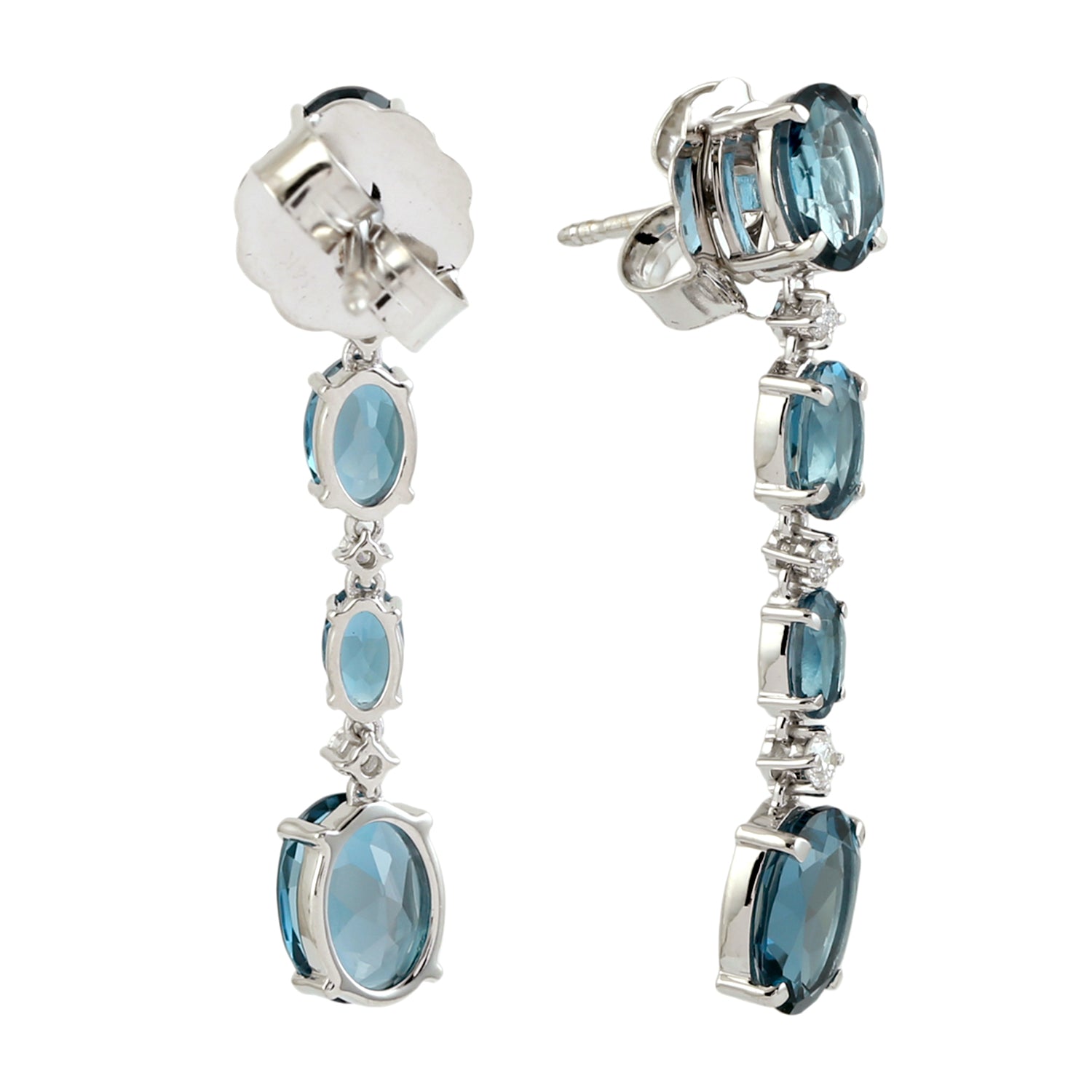 14K White Gold Oval Cut London Blue Topaz Prong Diamond Dangle Earrings for Women - Elegant Designer Jewelry for Parties, Weddings & Special Occasions