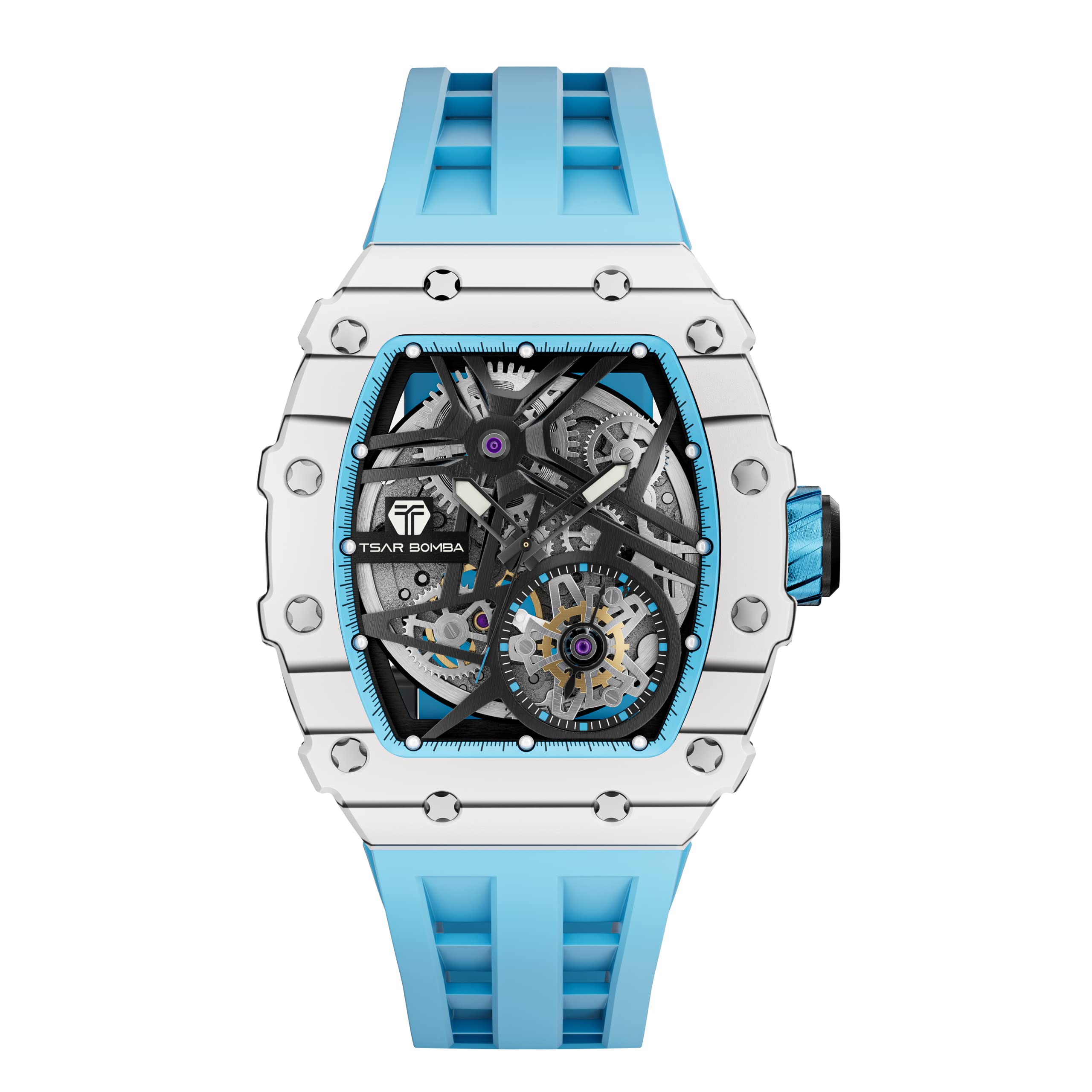 TSAR BOMBA Men's Luxury Automatic Skeleton Watch - Silver Square Big Face with Silicone Strap - 50M Waterproof Analog Wristwatch - Perfect for Business, Formal Events & Everyday Wear