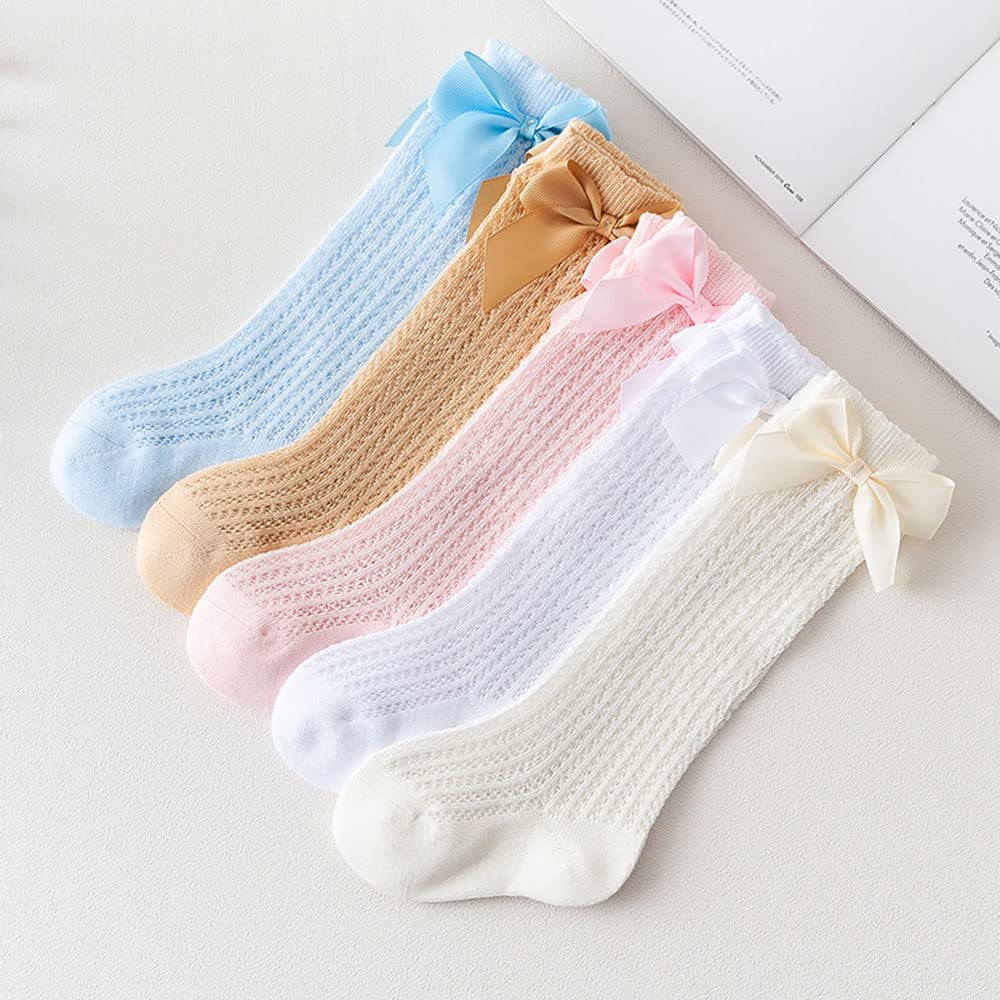 5 Pack Spanish Baby Girls Bow Knee High Socks - Mesh Cotton Newborn Toddler Long Stockings for Dress Up, Photo Shoots & Special Occasions