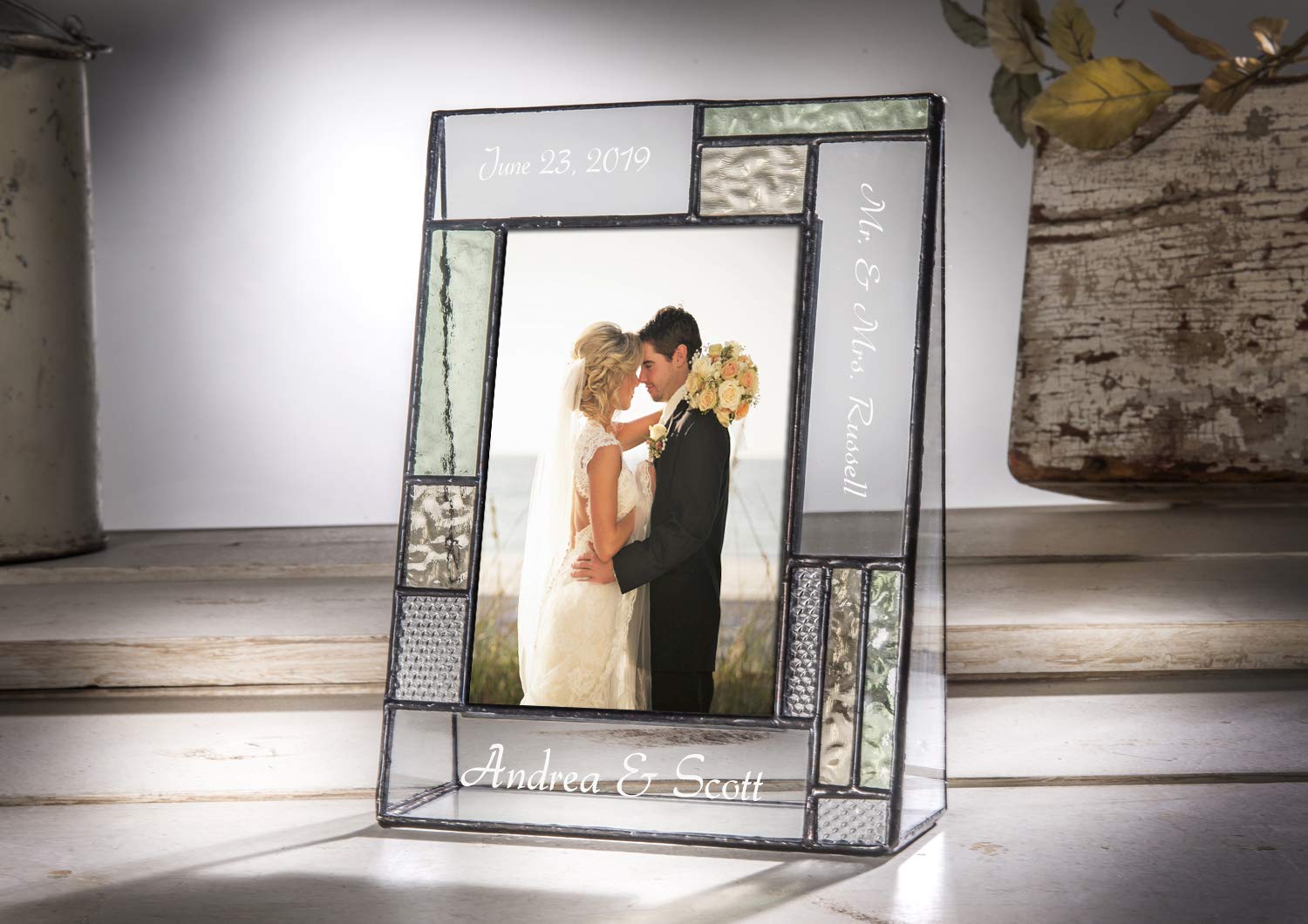 Personalized Wedding Picture Frame - Green Yellow Glass Table Top Photo Keepsake for Couples | Perfect for Engagement & Anniversary Gifts
