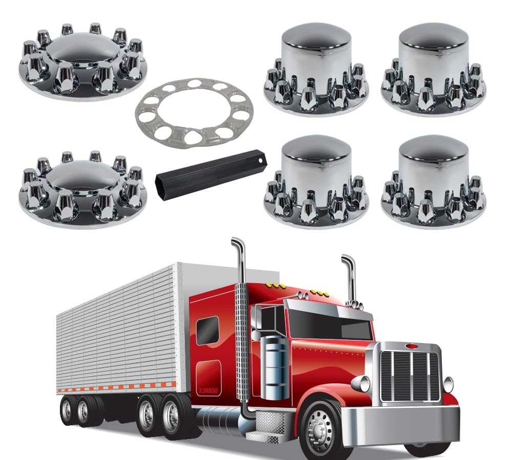 Mytee Products Complete Wheel Chrome Axle Cover Set - 33mm Threaded Lug Nut Covers for Semi Trucks, Freightliner, Volvo - Removable Hub Caps Kit (2 Front & 4 Rear) - Heavy Duty Truck Accessories for Enhanced Protection & Style