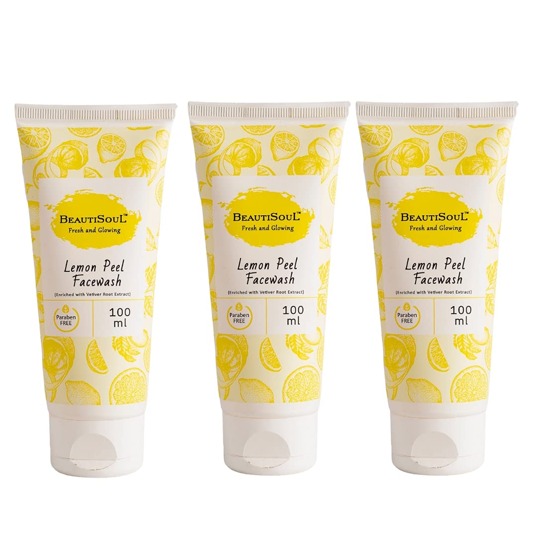Beautisoul Lemon Peel Face Wash with Pure Lemon Peel, Vetiver Root & Aloe Vera | Brightening Cleanser for Men & Women | Pack of 3 (3 x 100ml) | Gentle Exfoliation for Glowing Skin, Morning & Night Routine