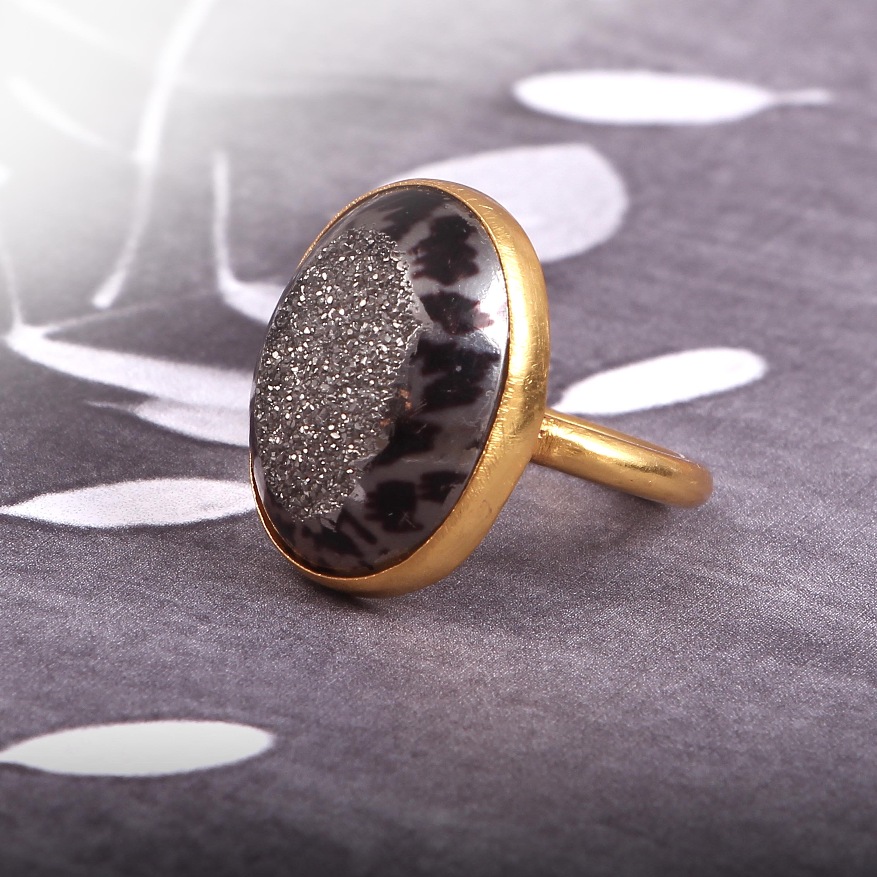 Brass Gold Plated Oval Black Druzy Gemstone Ring - Handmade Boho Minimalist Jewelry for Women - Perfect Gift for Her, Birthday, Anniversary & Everyday Wear