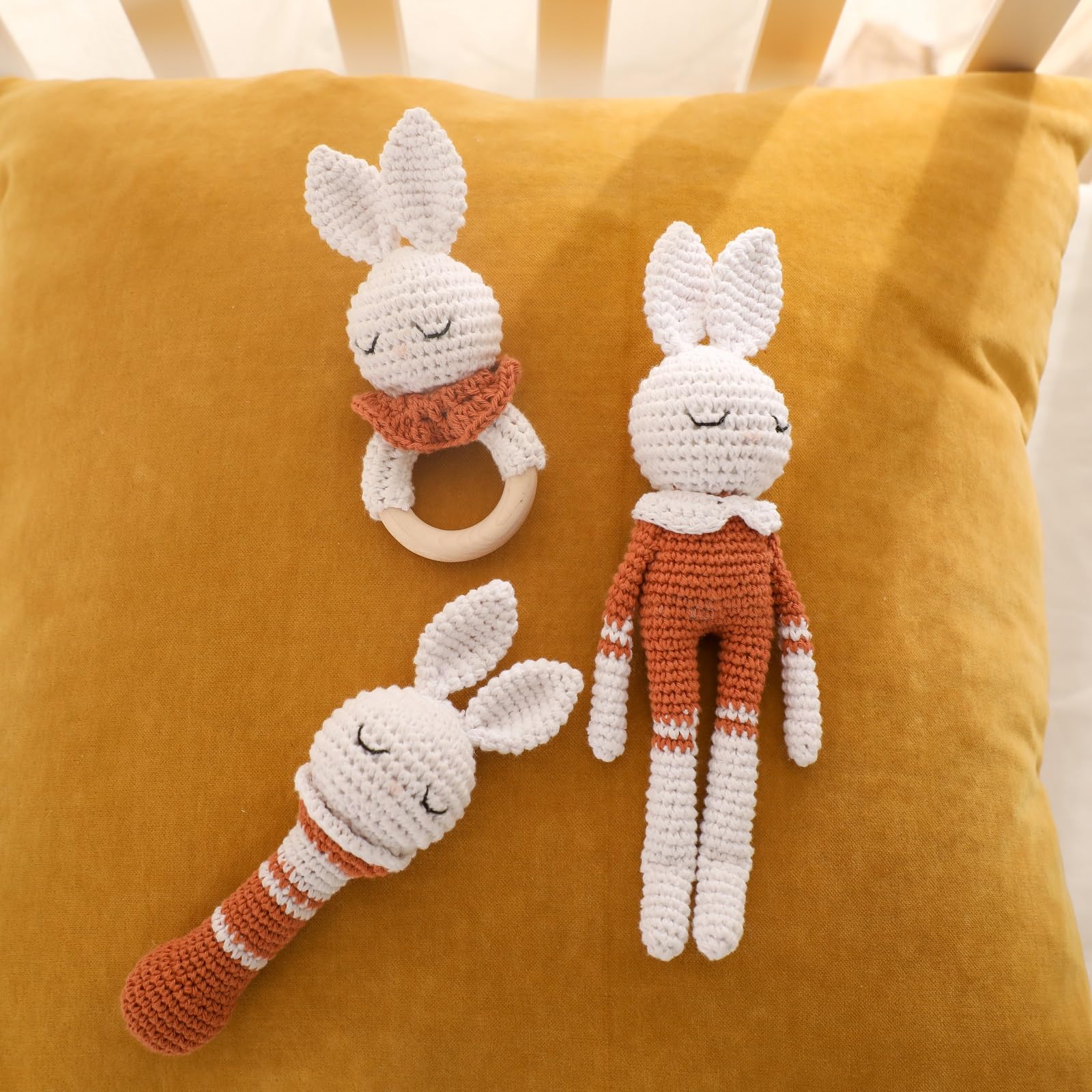 **Crochet Baby Rattle Toy - Handmade Brown Bunny Doll for Newborns & Toddlers | Soft & Safe Infant Soothing Toy for Playtime & Nursery Decor**