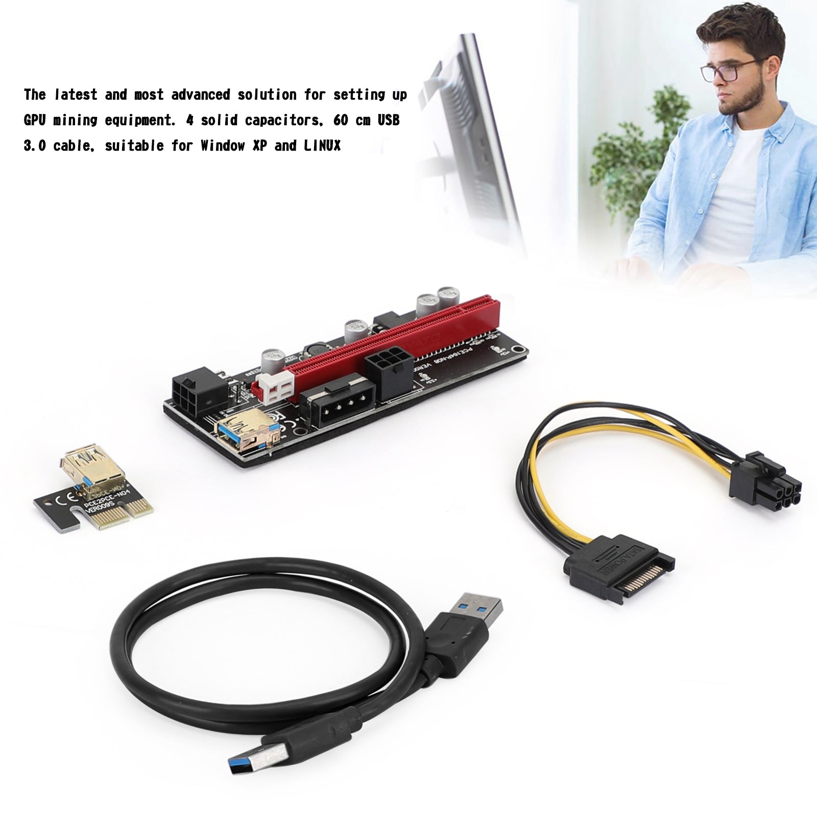 009S Plus PCIe Riser Card - PCI Express 1X to 16X Adapter with USB 3.0 Data Cable for Cryptocurrency Mining, GPU Expansion & PC Builds