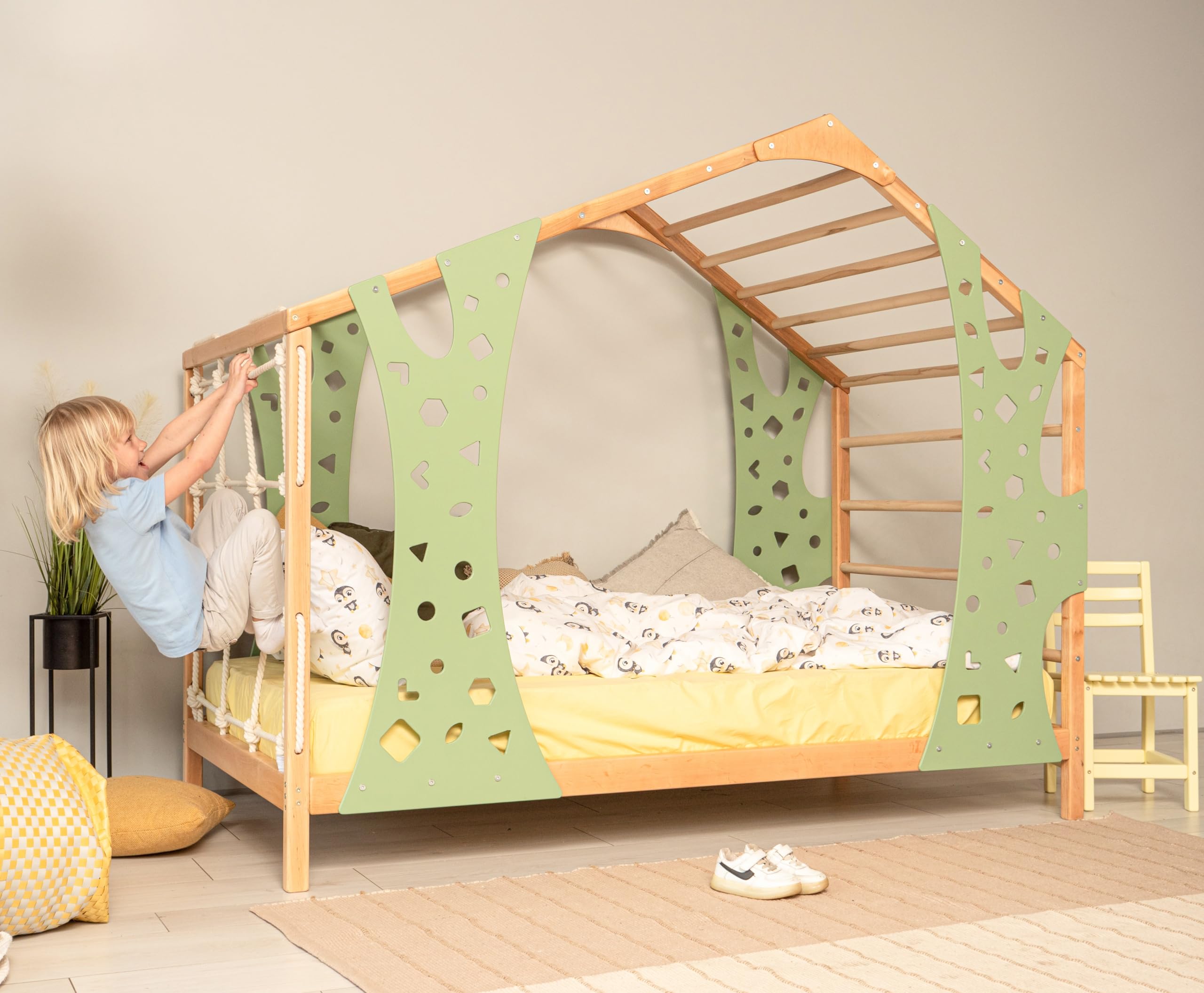 Montessori Toddler Bed with Climbing Gym - Solid Wood Twin Bed Frame for Kids - Monkey Bed with Legs & Slats - Perfect for Playrooms, Bedrooms & Montessori Learning Spaces