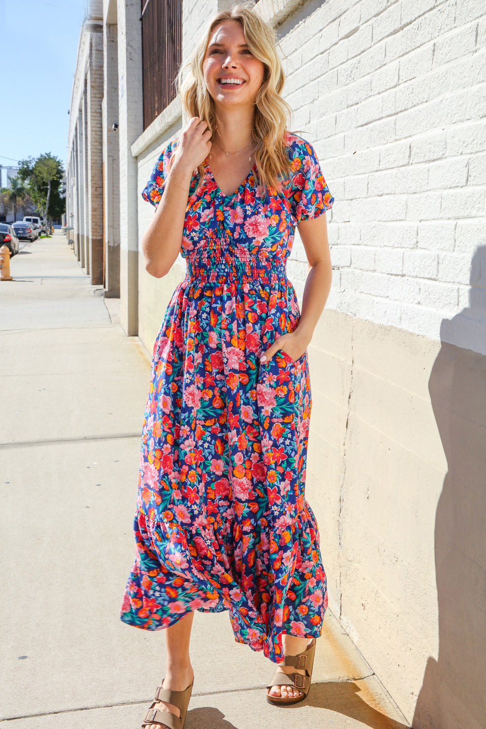Blue Floral Puff Sleeve V-Neck Smocked Waist Maxi Dress - Romantic Ruffle Raglan Dress for Women | Perfect for Date Night, Wedding Guest Outfits & Summer Vacations