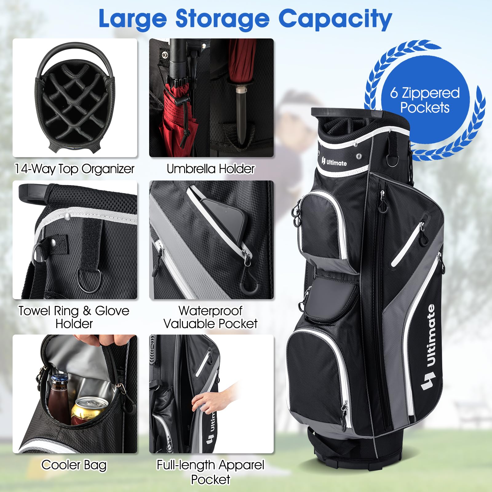 ULTIMATE 14-Way Golf Stand Bag - Lightweight 5 LBS Golf Bag with 6 Pockets, Cooler Bag & Waterproof Pocket - Includes Rain Hood & Ergonomic Dual Strap System - Perfect for Men & Women Golfers - Ideal for Course Play, Practice & Travel