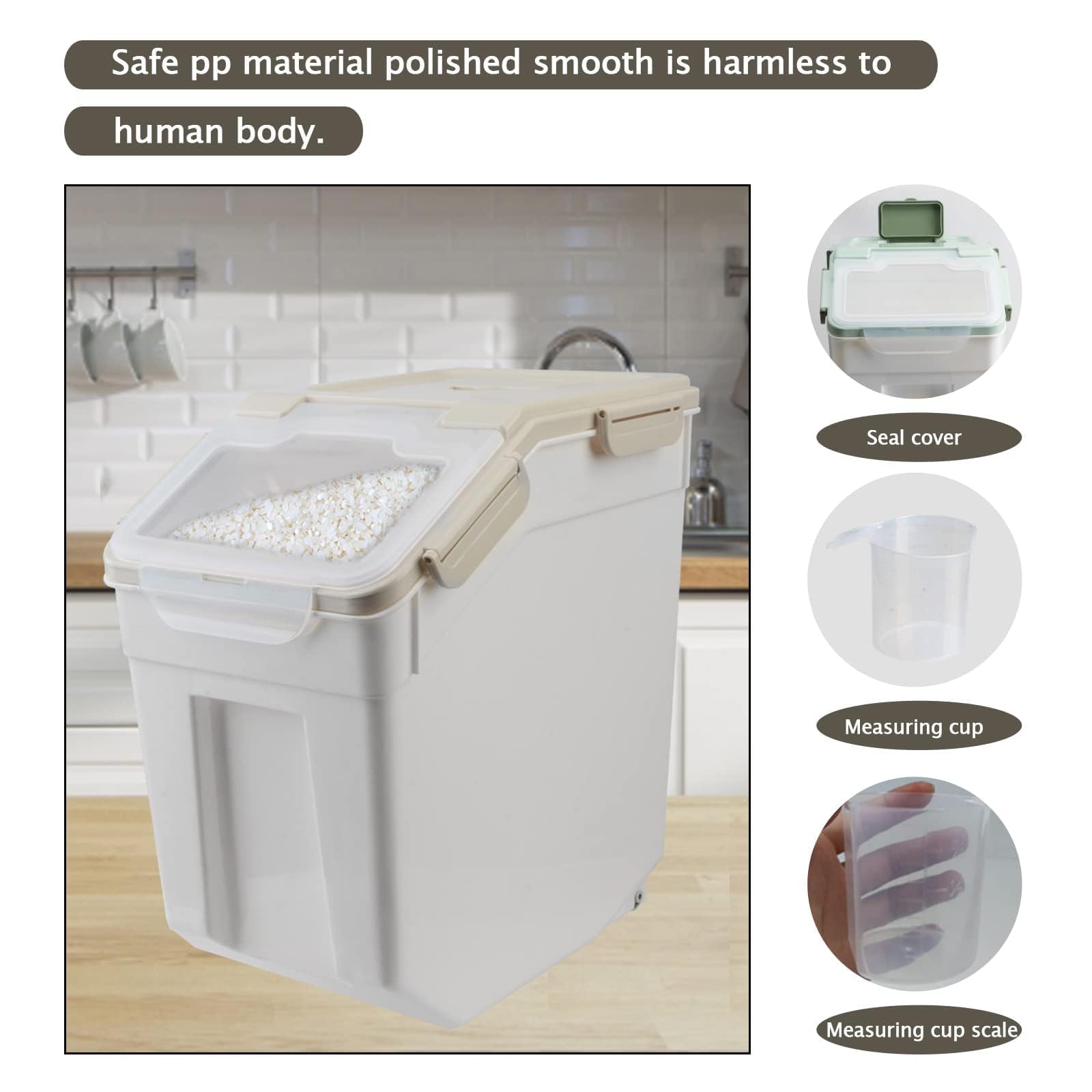 25lb Large Airtight Flour Storage Container with Wheels - 4 Pack BPA-Free Food Storage Bins for Flour, Rice, Grain & Dry Food - Includes Measuring Cup & Scoop - Perfect for Kitchen Pantry Organization & Bulk Food Storage (Grey)