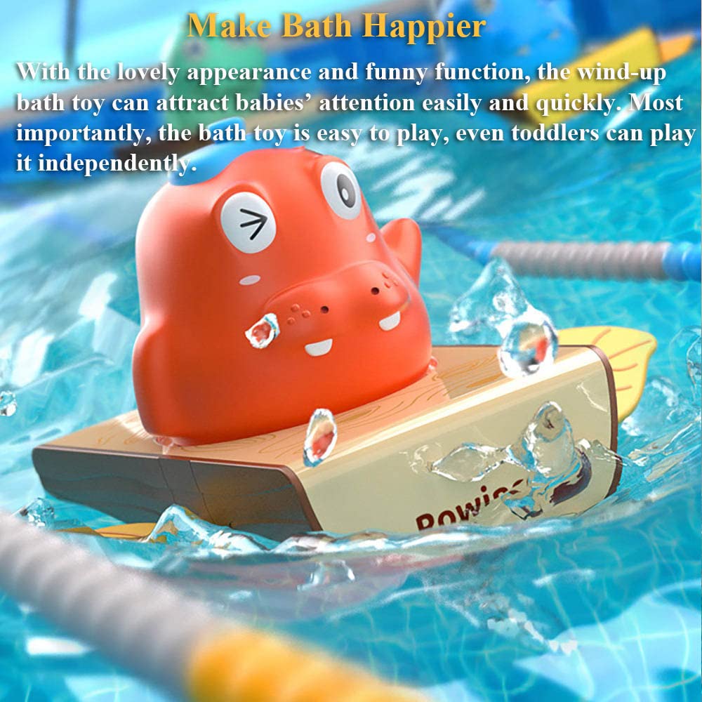2PCS Wind-Up Raft Bath Toys for Kids - Blue Hippo & Dinosaur Floating Boat Toys with Spray Water Function - Fun Bathtub, Pool & Outdoor Water Play Toys for Toddlers & Children