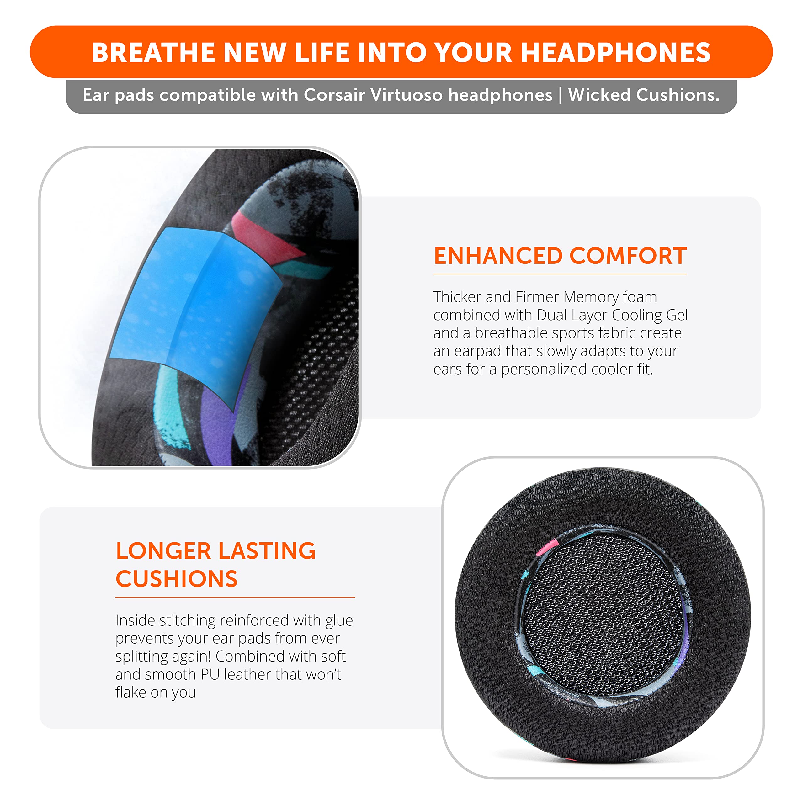 WC Freeze Virtuoso - Premium Hybrid Cooling Gel Earpads for Corsair Virtuoso Gaming Headset | Enhanced Comfort, Noise Isolation & Durability | 90s Black | Perfect for Long Gaming Sessions & Hot Climates