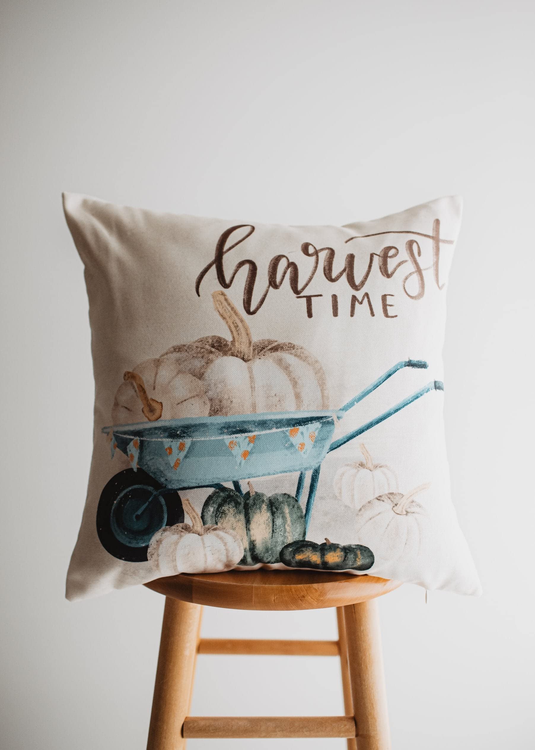 Harvest Time Pumpkin Wagon Pillow Cover - Farmhouse Country Decor Fall Throw Pillow for Couch, Sofa & Bed - Cozy Autumn Home Accent Gift