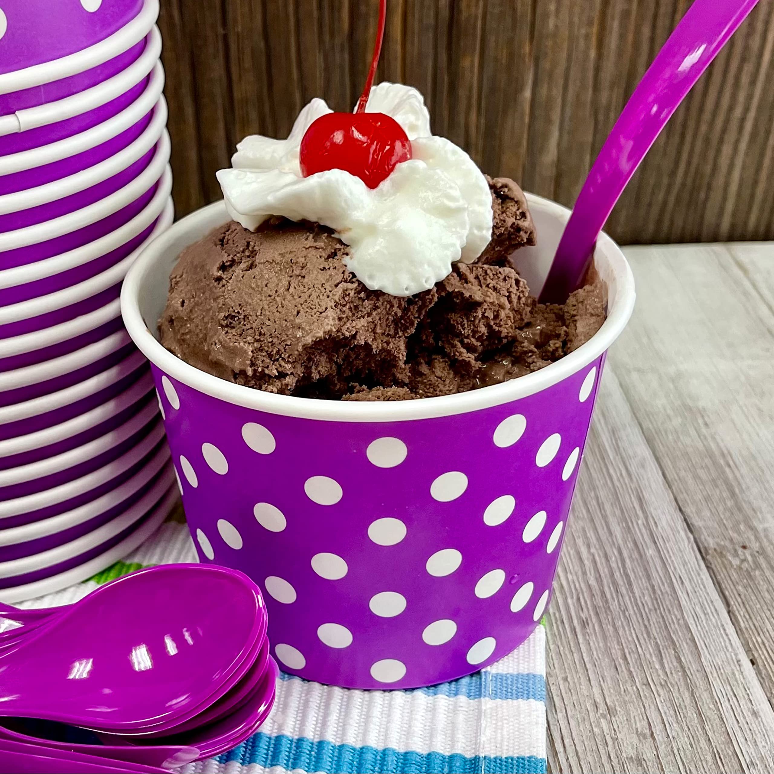 12oz Disposable Paper Ice Cream Cups with Plastic Spoons & Paper Straws - 24-Piece Sundae Party Kit in 7 Colors (Blue, Pink, Orange, Yellow, Green, Red, Purple) - Perfect for Birthday Parties, Ice Cream Socials & Dessert Bars