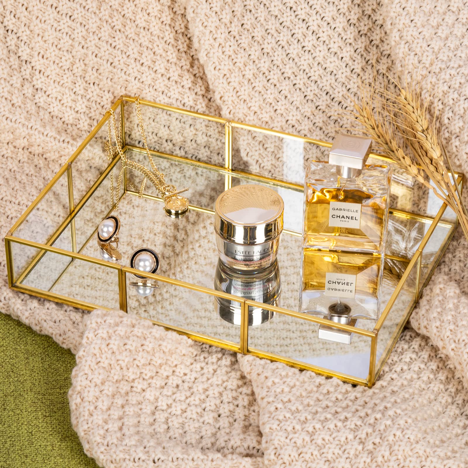 Gold Vanity Tray Set of 2 - Decorative Perfume & Jewelry Tray with Metal Frame for Dresser, Bathroom Counter, Nightstand - Perfect for Organizing Fragrances, Rings, Earrings & Home Decor Accessories