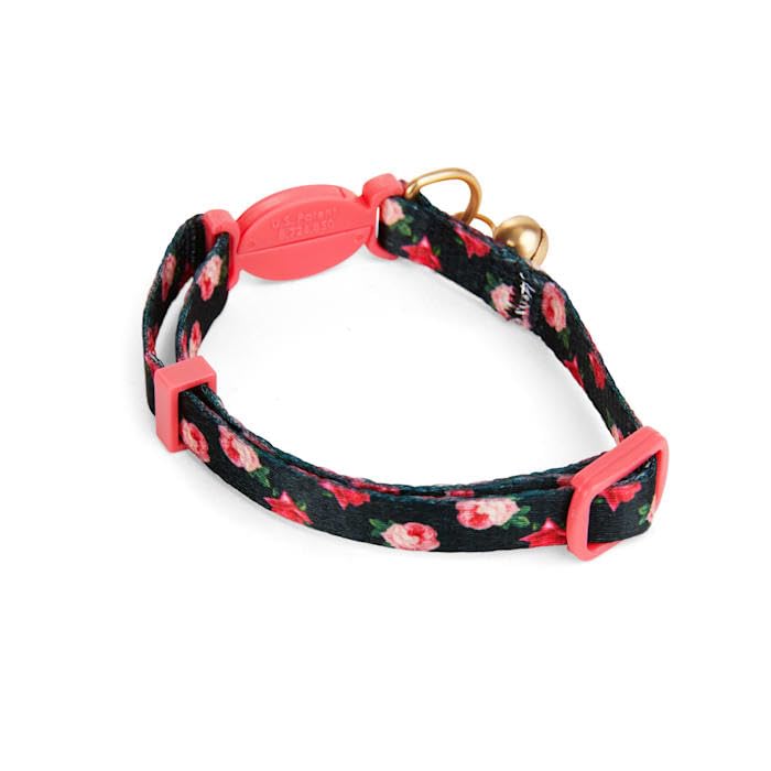 Pink Rose Print Cat Collar with Bell - Adjustable Black Pet Collar for Small to Medium Cats - Perfect for Indoor/Outdoor Safety & Fashion Accessory