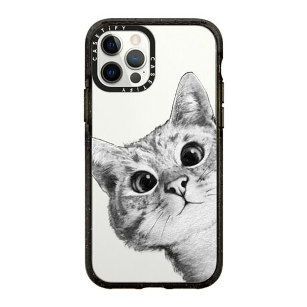 CASETiFY Impact Case for iPhone 12 & iPhone 12 Pro - Clear Black with Peekaboo Cat Design on Rose Gold - Durable Protective Phone Cover for Everyday Use & Travel