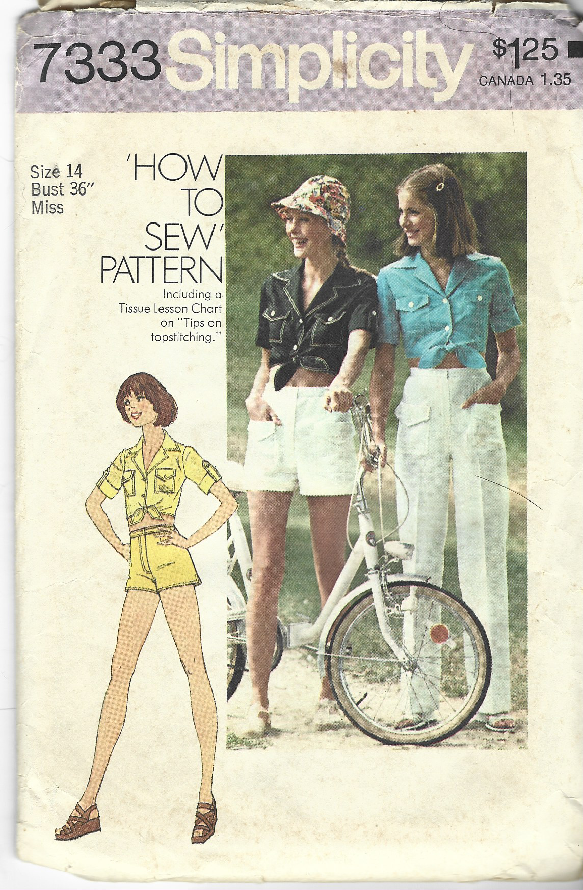 Vintage 1970s Ladies Tie Front Top & Shorts Pants Sewing Pattern Simplicity 7333 - DIY Retro Fashion for Costume Parties & Historical Reenactments