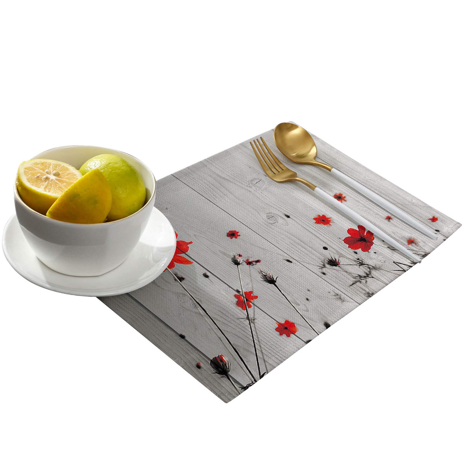 Red Poppy Flowers Placemats Set of 6 - 13x19 Inch Rustic Grey Farmhouse Cotton Linen Table Mats for Kitchen & Dining Room Decor, Washable Floral Placemats for Everyday Use, Dinner Parties & Holiday Entertaining
