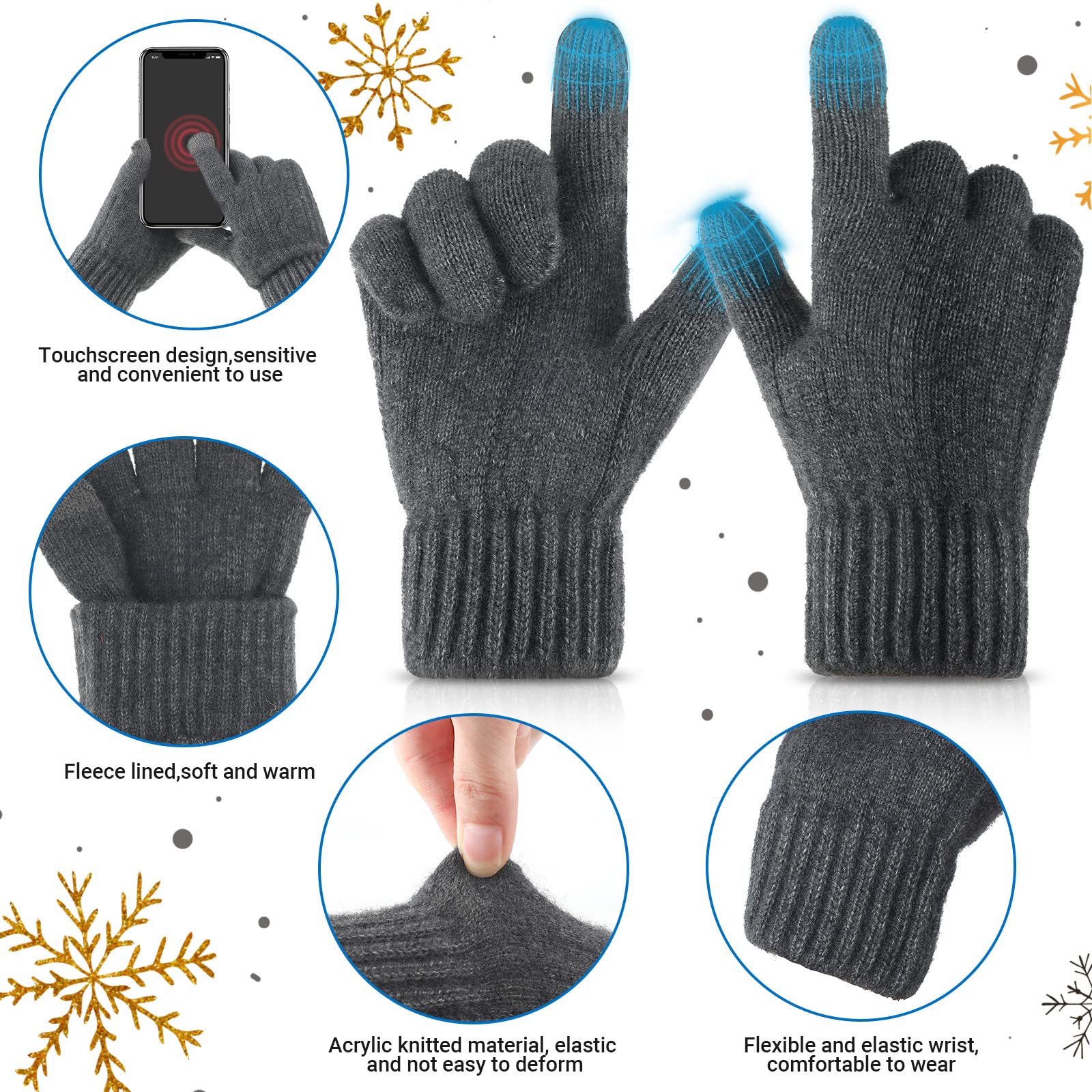 Winter Knit Beanie Hat & Touchscreen Gloves Set - Soft Slouchy Skull Cap & Gloves for Men & Women - Perfect for Cycling, Biking, Skiing & Outdoor Winter Activities (2-Pack)