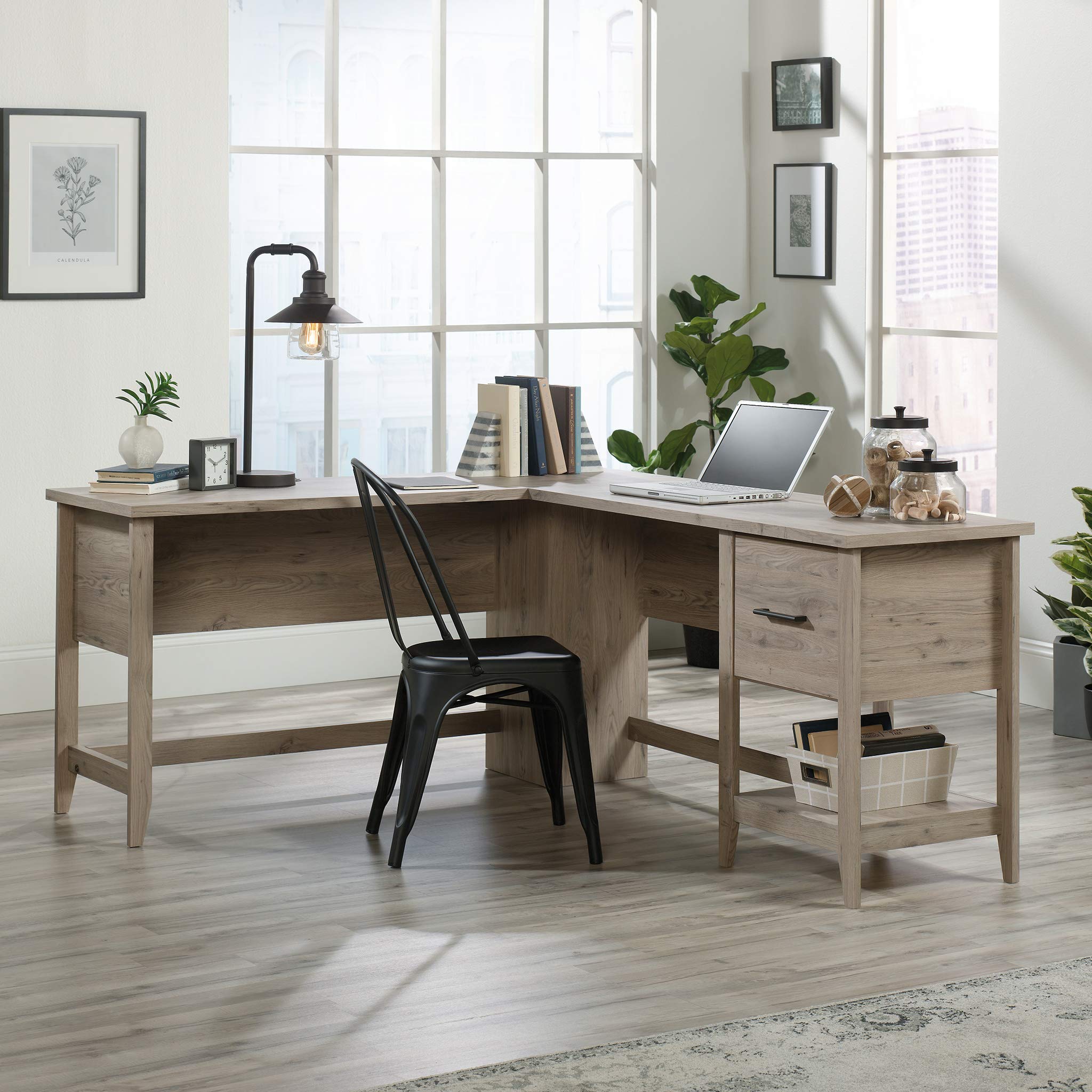 Sauder Summit Station L-Shaped Corner Home Office Desk with Drawer & Open Storage Shelf, Laurel Oak Finish - Perfect for Small Spaces, Home Office & Study Room Workstation