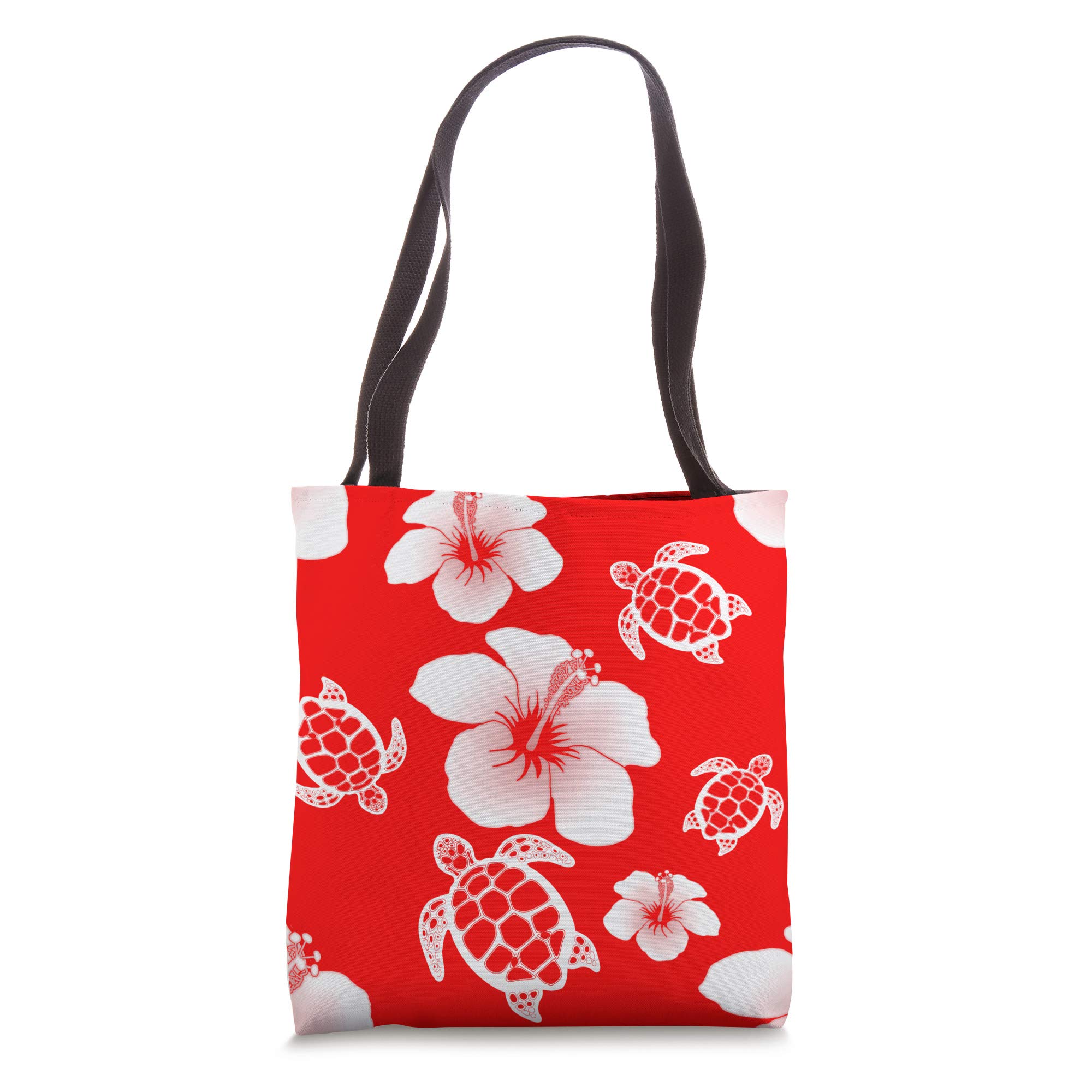 Red Hibiscus Honu Hawaiian Tote Bag - Stylish Beach Tote with Sea Turtle Design - Perfect for Beach Vacations, Shopping & Summer Outings