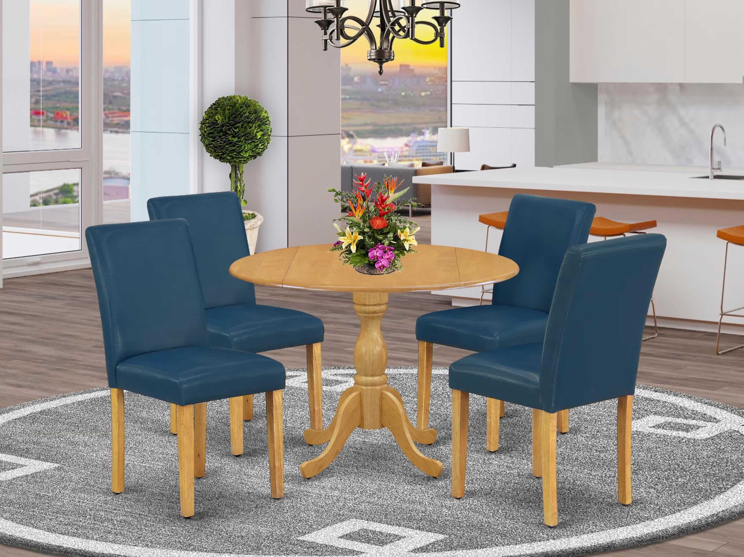 East West Furniture 5-Piece Dining Set with Round Drop-Leaf Table & 4 Oasis Blue Faux Leather Chairs - 42x42 Inch Oak Finish - Perfect for Small Spaces, Breakfast Nooks & Cozy Apartments