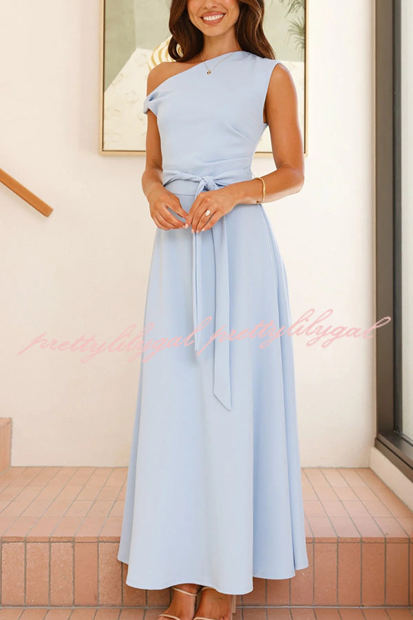 Elegant Solid Color Sloped Collar Slim Fit Waist Lace Up Maxi Dress for Women | Formal & Casual Occasions | Perfect for Weddings, Parties & Date Nights