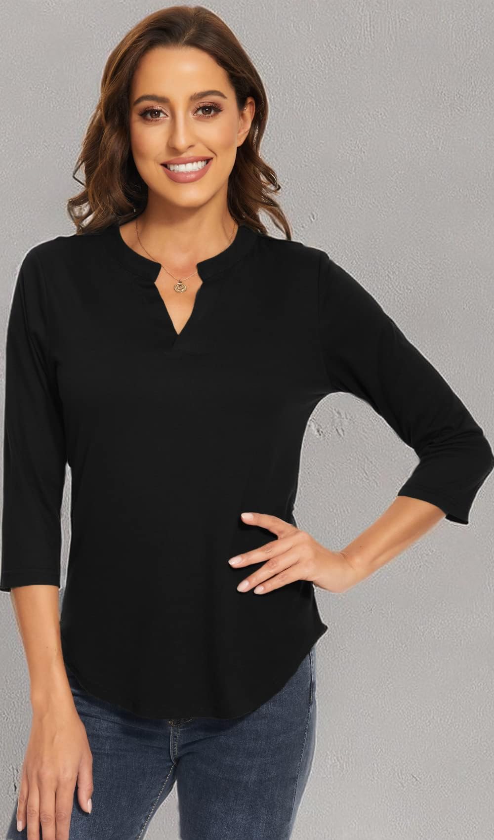 Women's 3/4 Sleeve V-Neck Collared T-Shirts - Work Blouses & Casual Tops for Office, Business, and Everyday Wear