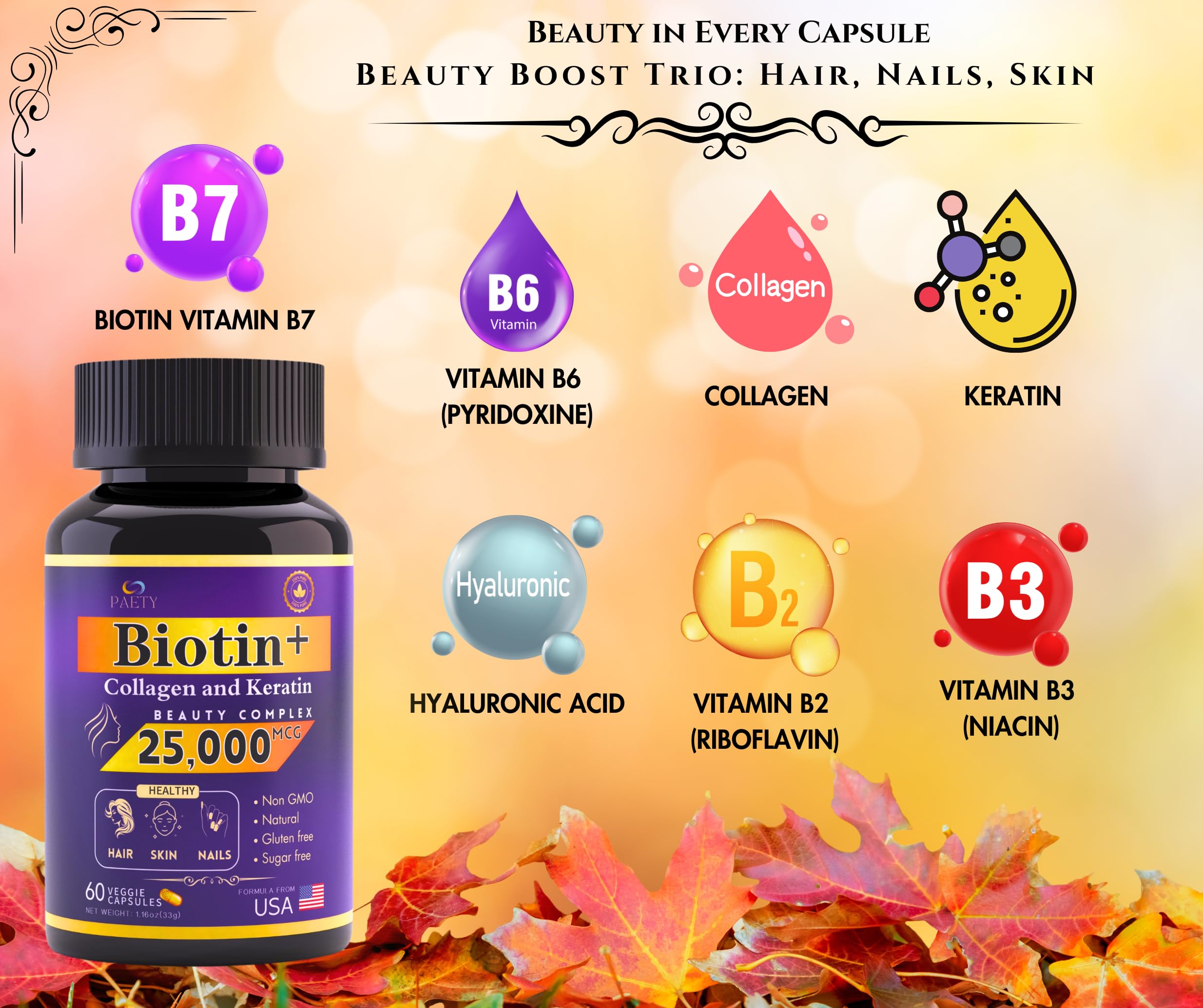 Biotin Collagen Keratin Complex 25000mcg with Hyaluronic Acid & B Vitamins - Clinically Proven Hair Skin & Nails Supplement - 60 Capsules for Women & Men - Promotes Healthy Hair Growth, Glowing Skin & Strong Nails - Perfect for Daily Beauty Routine & Anti-Aging Care
